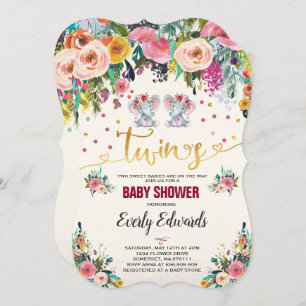 Invitación a Baby Shower para elefante Chica gemel