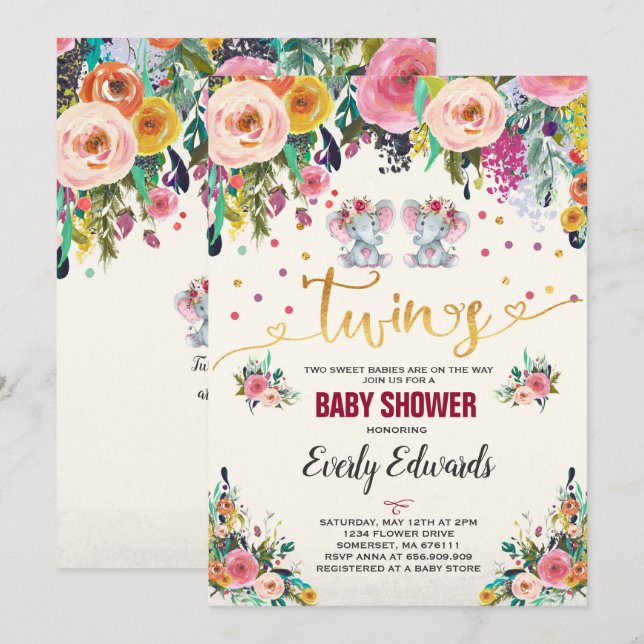 Invitación a Baby Shower para elefante Chica gemel (Anverso / Reverso)