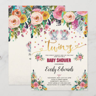 Invitación a Baby Shower para elefante Chica gemel