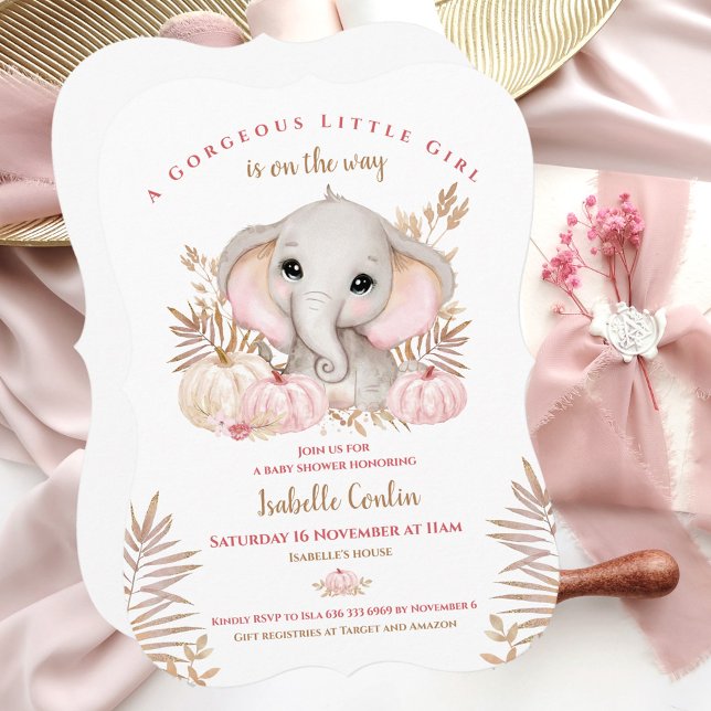 Invitación a Baby Shower para elefante Chica otoño (Pink & Rose gold Fall Baby Shower Invitation With The Cutest Elephant And Pumpkins)