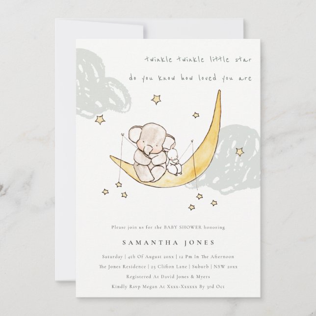 Invitación a Baby Shower para elefante conejo de e (Anverso)