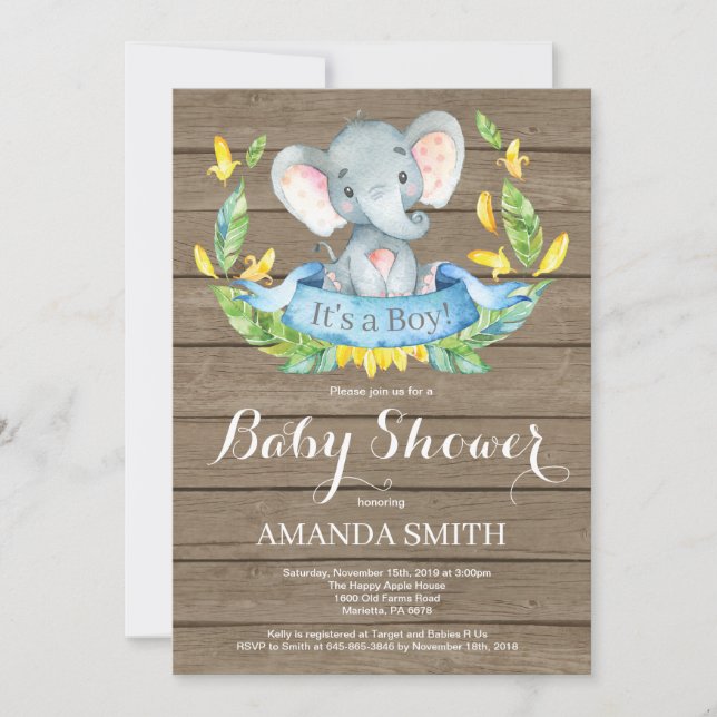 Invitación a Baby Shower para elefante rústico (Anverso)