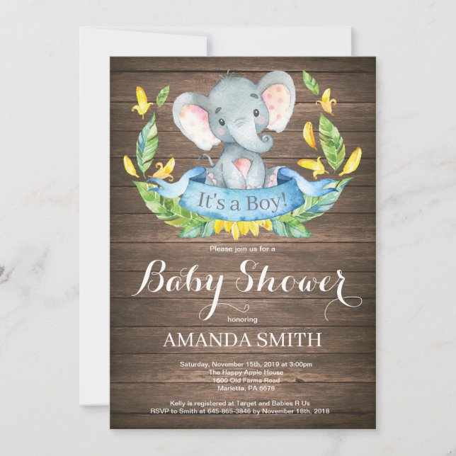 Invitación a Baby Shower para elefante rústico (Anverso)