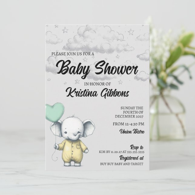 Invitación a Baby Shower para elefantes (Anverso de pie)