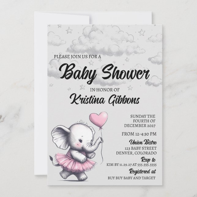 Invitación a Baby Shower para elefantes (Anverso)