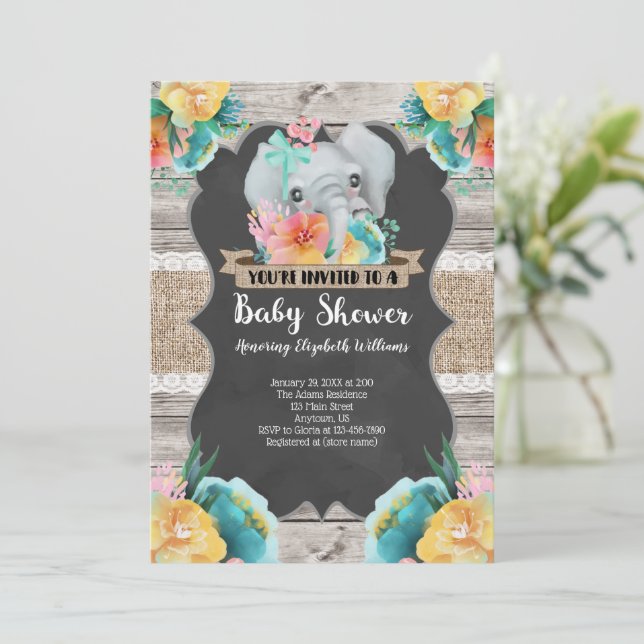 Invitación a Baby Shower para elefantes (Anverso de pie)