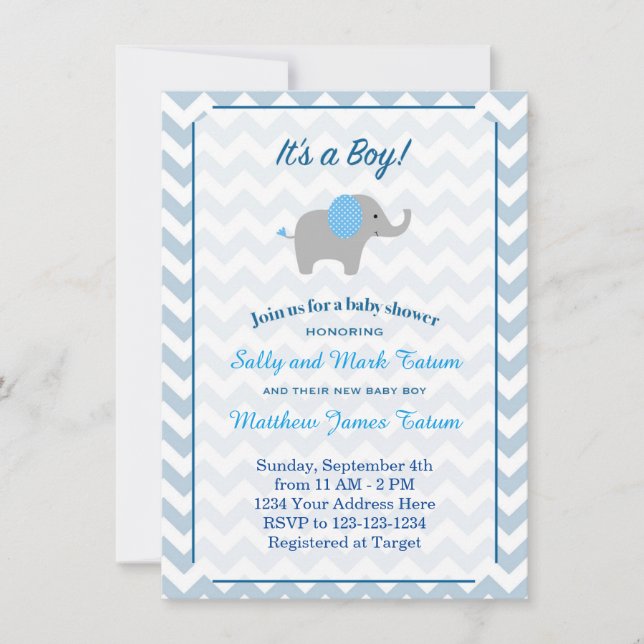 Invitación a Baby Shower para elefantes (Anverso)