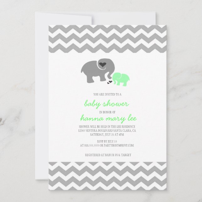 Invitación a Baby Shower para elefantes (Anverso)