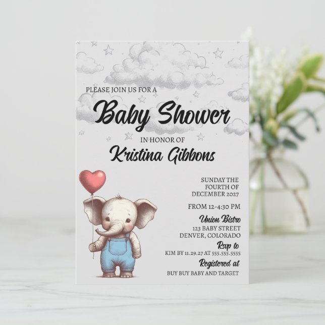 Invitación a Baby Shower para elefantes (Anverso de pie)