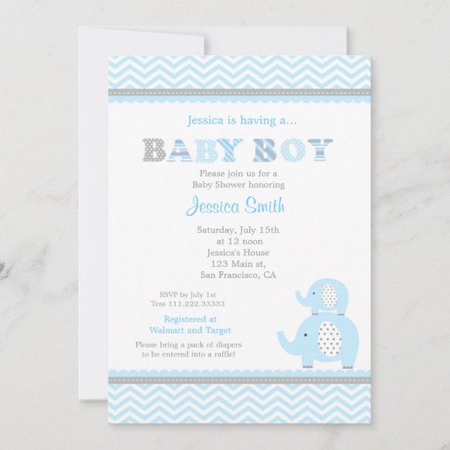 Invitación a Baby Shower para elefantes (Anverso)