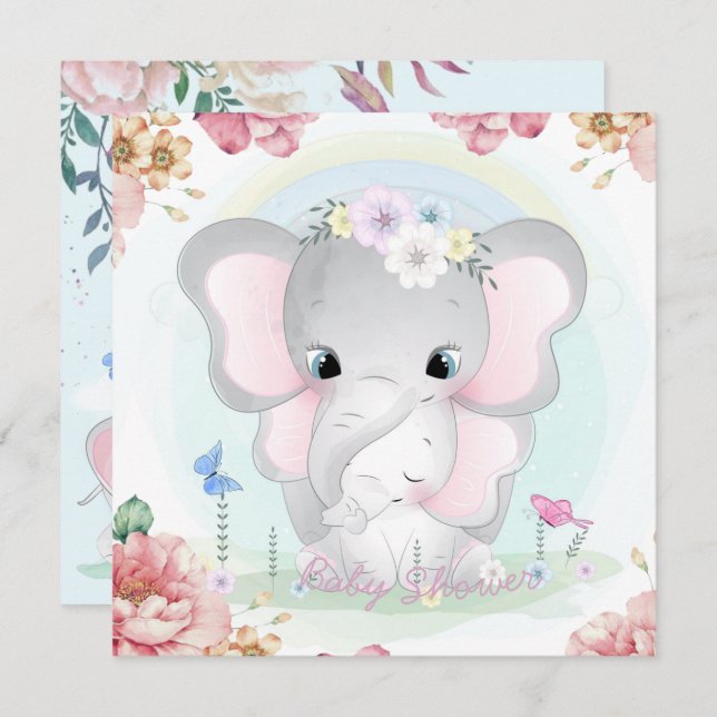 Invitación a Baby Shower para elefantes (Anverso / Reverso)