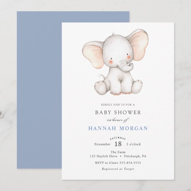 Invitación a Baby Shower para elefantes (Anverso / Reverso)