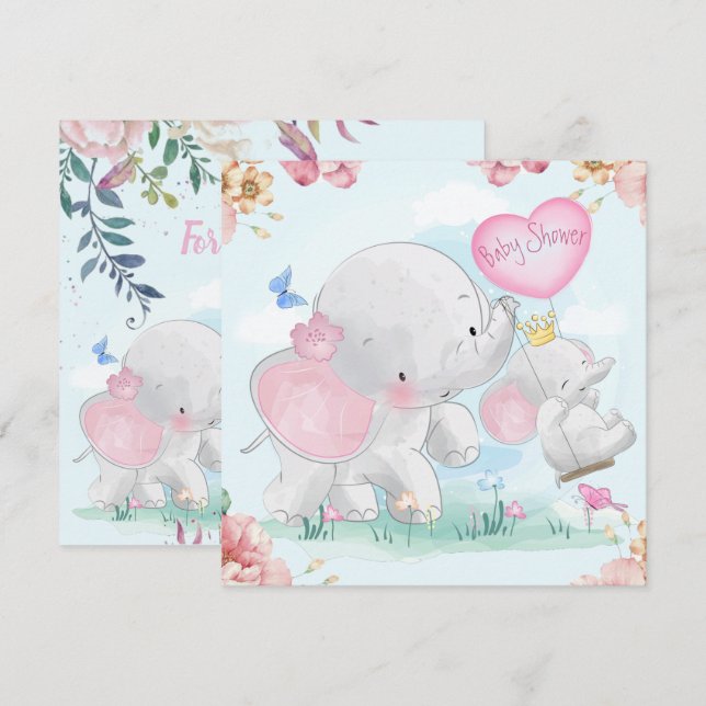 Invitación a Baby Shower para elefantes (Anverso / Reverso)