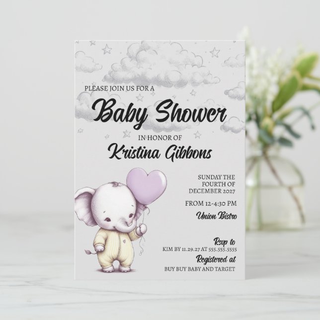 Invitación a Baby Shower para elefantes (Anverso de pie)