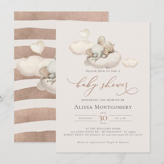 Invitación a Baby Shower para elefantes (Anverso / Reverso)