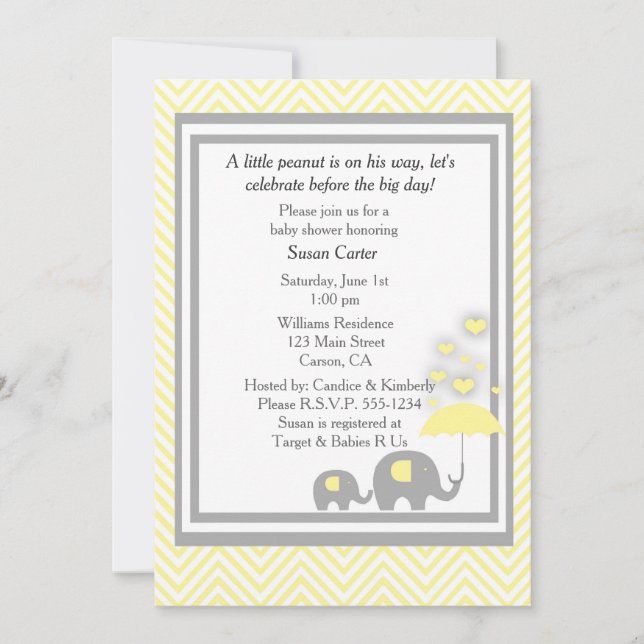 Invitación a Baby Shower para elefantes (Anverso)