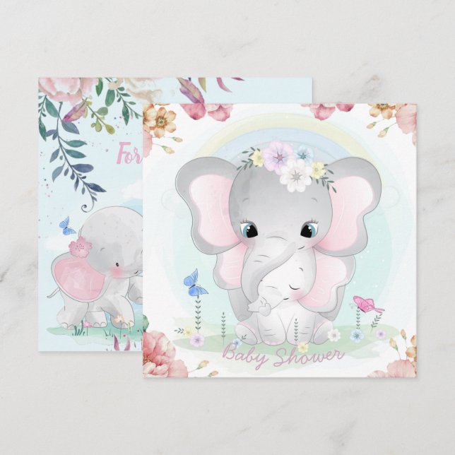 Invitación a Baby Shower para elefantes (Anverso / Reverso)