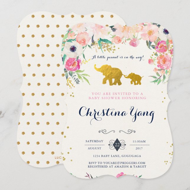 Invitación a Baby Shower para elefantes (Anverso / Reverso)