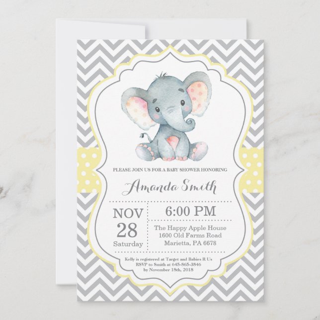Invitación a Baby Shower para elefantes amarillo y (Anverso)