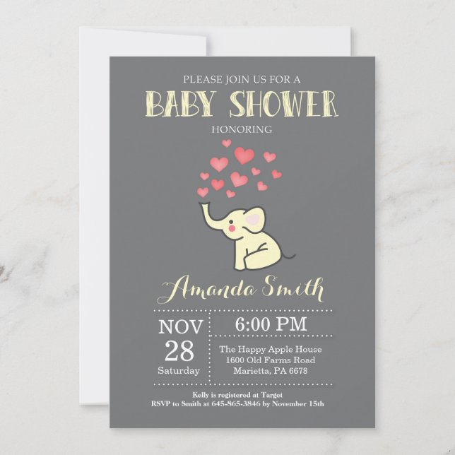 Invitación a Baby Shower para elefantes amarillo y (Anverso)