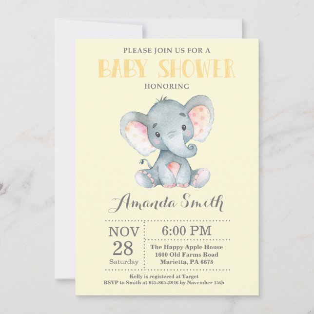 Invitación a Baby Shower para elefantes amarillo y (Anverso)