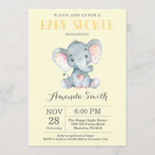 Invitación a Baby Shower para elefantes amarillo y