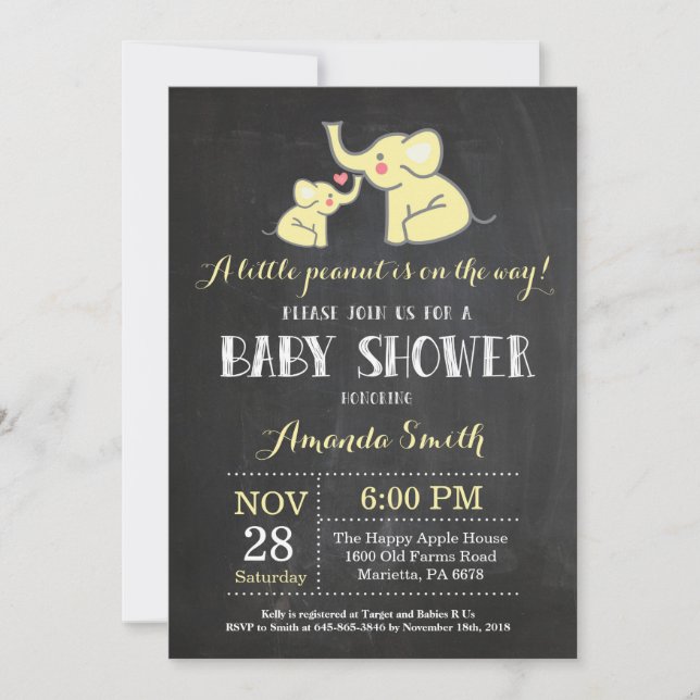 Invitación a Baby Shower para elefantes amarillo y (Anverso)