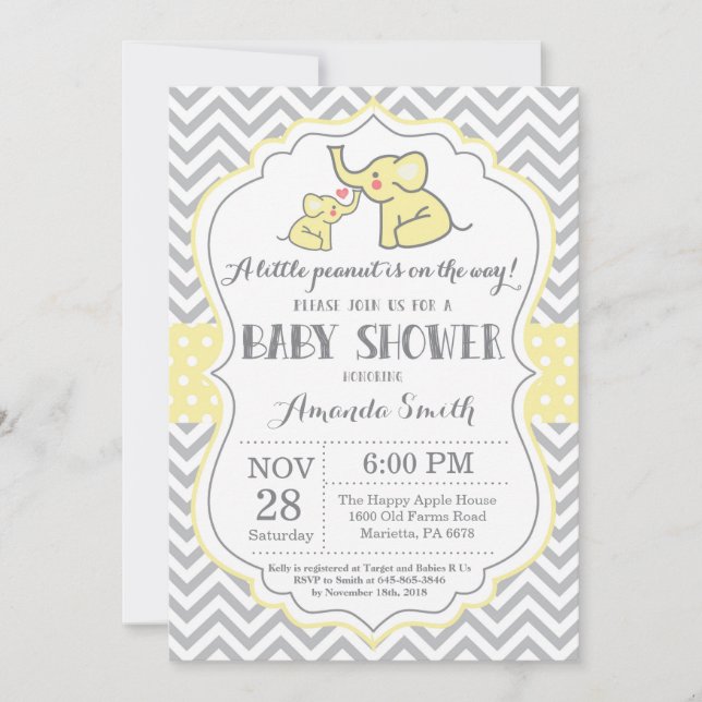 Invitación a Baby Shower para elefantes amarillo y (Anverso)