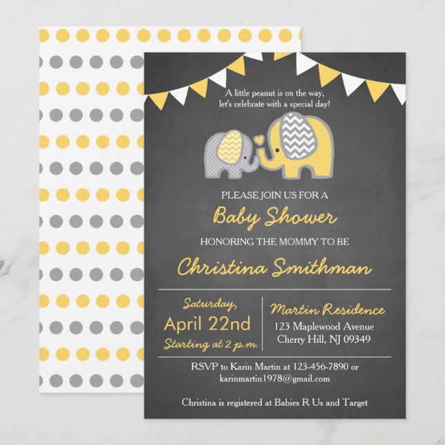 Invitación a Baby Shower para elefantes amarillo y (Anverso / Reverso)