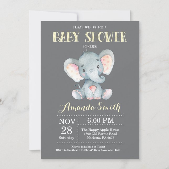 Invitación a Baby Shower para elefantes amarillo y (Anverso)