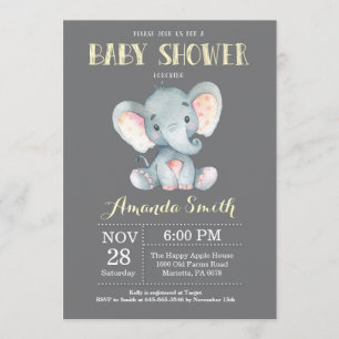Invitación a Baby Shower para elefantes amarillo y