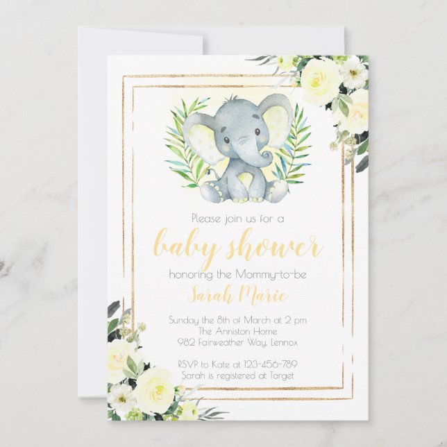 Invitación a Baby Shower para elefantes amarillos (Anverso)