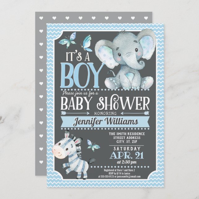 Invitación a Baby Shower para elefantes, azul y gr (Anverso / Reverso)