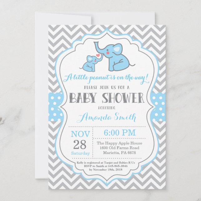 Invitación a Baby Shower para elefantes azul y gri (Anverso)