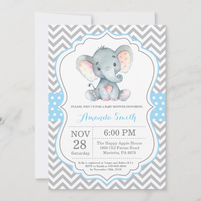 Invitación a Baby Shower para elefantes azul y gri (Anverso)
