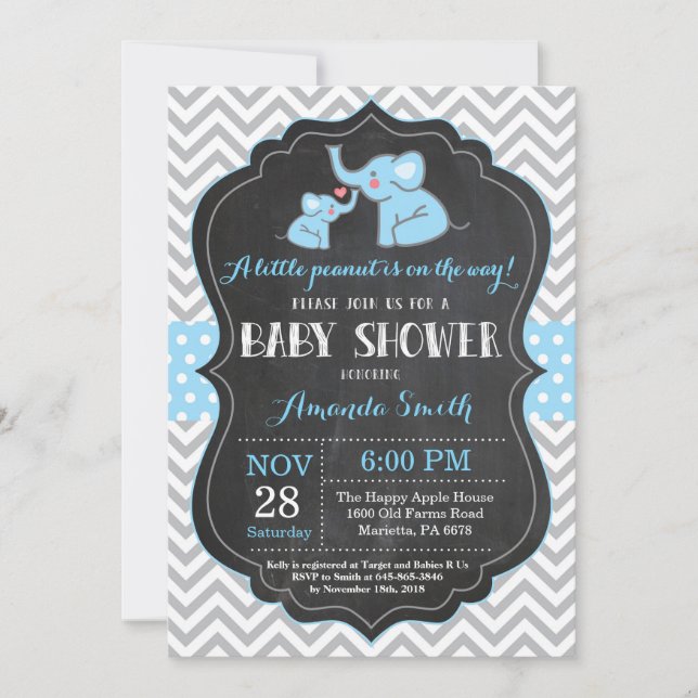Invitación a Baby Shower para elefantes azul y gri (Anverso)