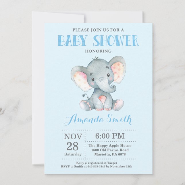 Invitación a Baby Shower para elefantes azul y gri (Anverso)