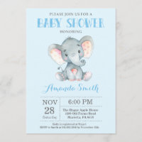 Invitación a Baby Shower para elefantes azul y gri