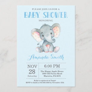 Invitación a Baby Shower para elefantes azul y gri