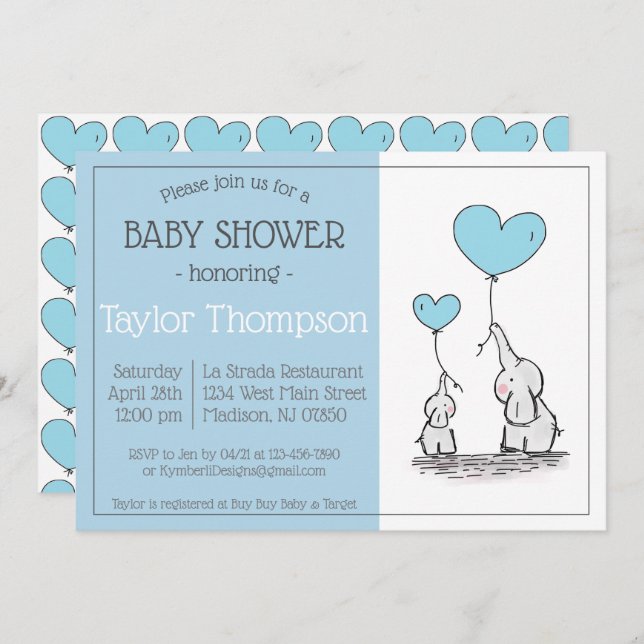 Invitación a Baby Shower para Elefantes Azules (Anverso / Reverso)