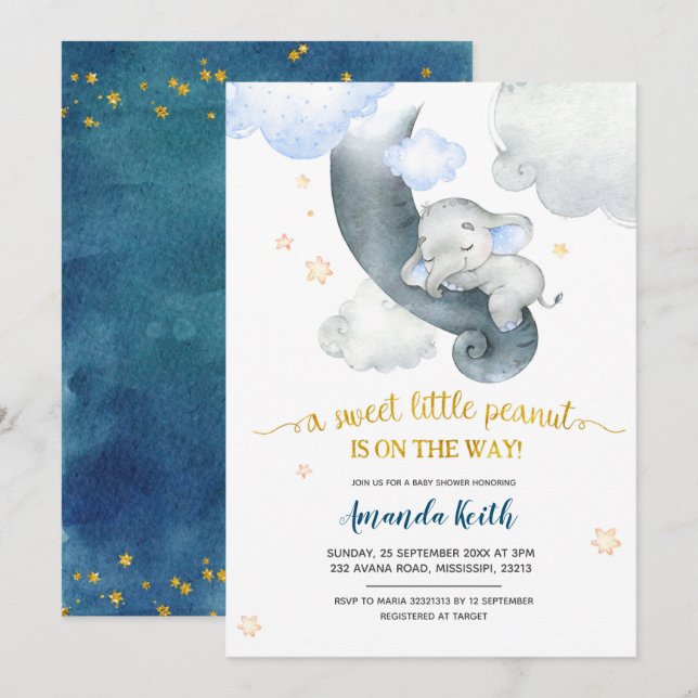 Invitación a Baby Shower para Elefantes Azules de  (Anverso / Reverso)