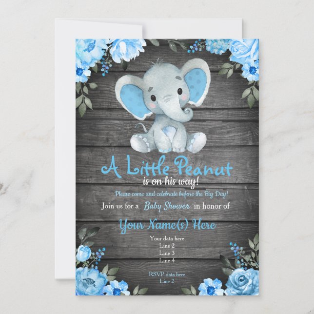 Invitación a Baby Shower para Elefantes Azules, mu (Anverso)