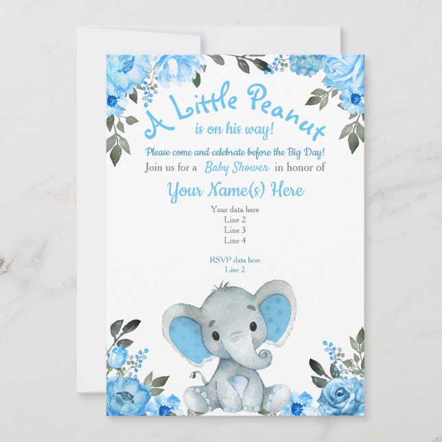 Invitación a Baby Shower para Elefantes Azules, ni (Anverso)
