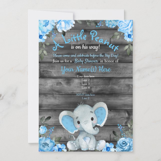 Invitación a Baby Shower para Elefantes Azules, rú (Anverso)