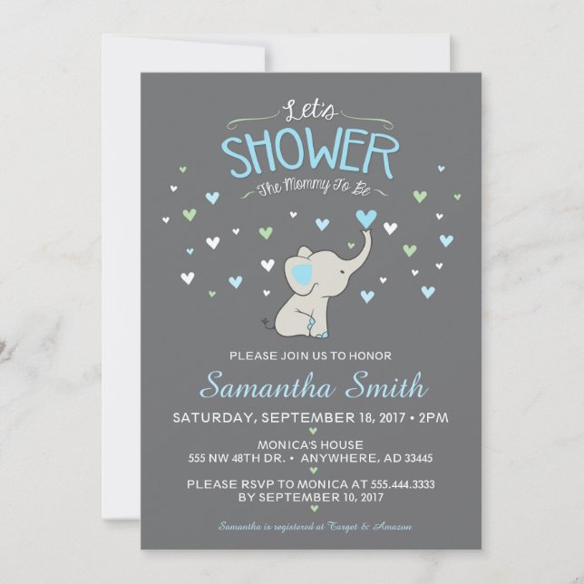 Invitación a Baby Shower para elefantes, Boy Baby  (Anverso)