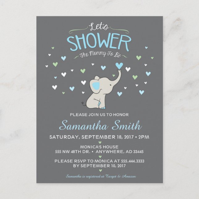 Invitación a Baby Shower para elefantes, Boy Baby  (Anverso)