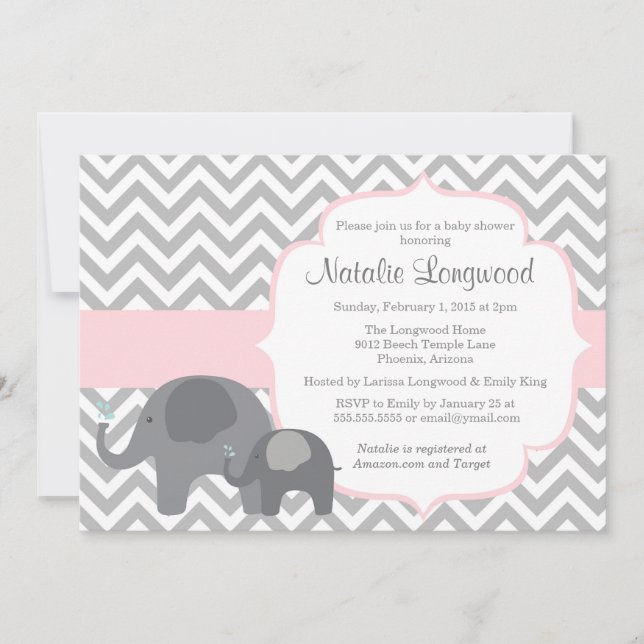 Invitación a Baby Shower para elefantes, chevron c (Anverso)