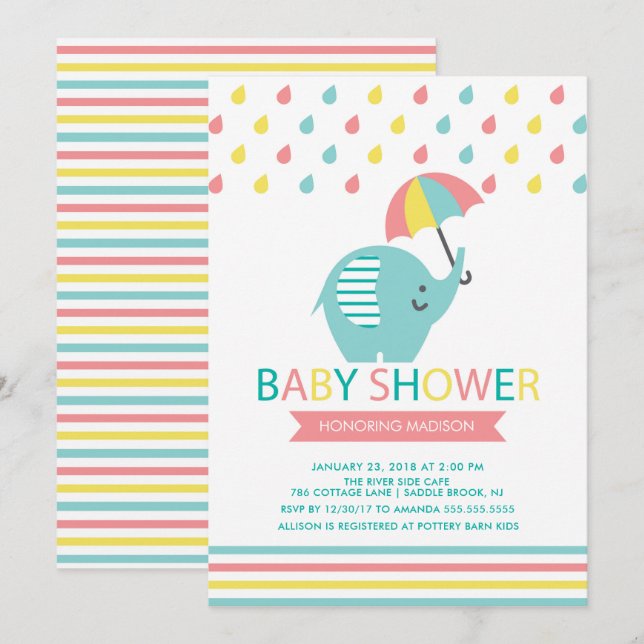 Invitación a Baby Shower para elefantes coloridos (Anverso / Reverso)