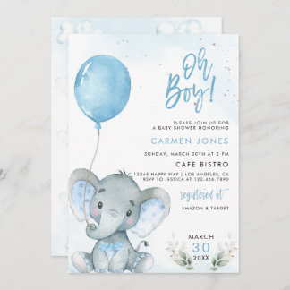 Invitación a Baby Shower para elefantes con globo 
