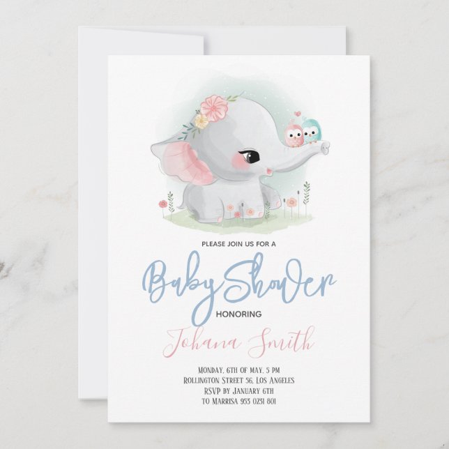 Invitación a Baby Shower para elefantes cutáneos (Anverso)